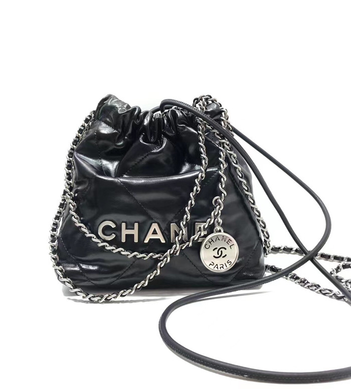 CHANEL 샤넬 22백 샤이니 카프스킨 실버메탈 핸드백 미니 AS3263