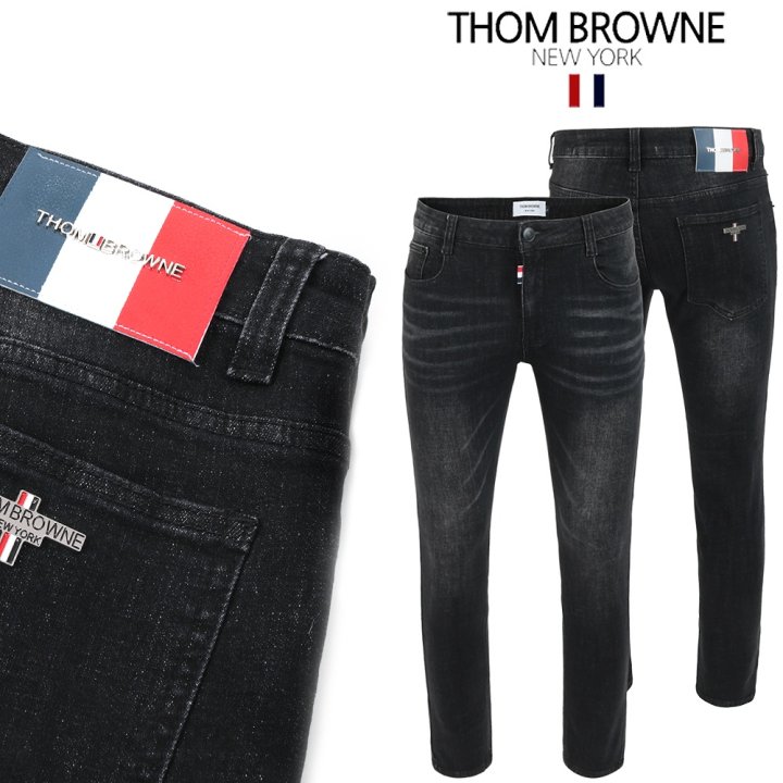 THOM BROWNE 톰브라운 삼색레더패치 스틸 흑청워싱 슬림진 (0716228)