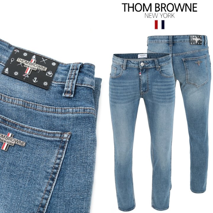 THOM BROWNE 톰브라운 마린레더패치 스틸 중청워싱 슬림진 (0716328)