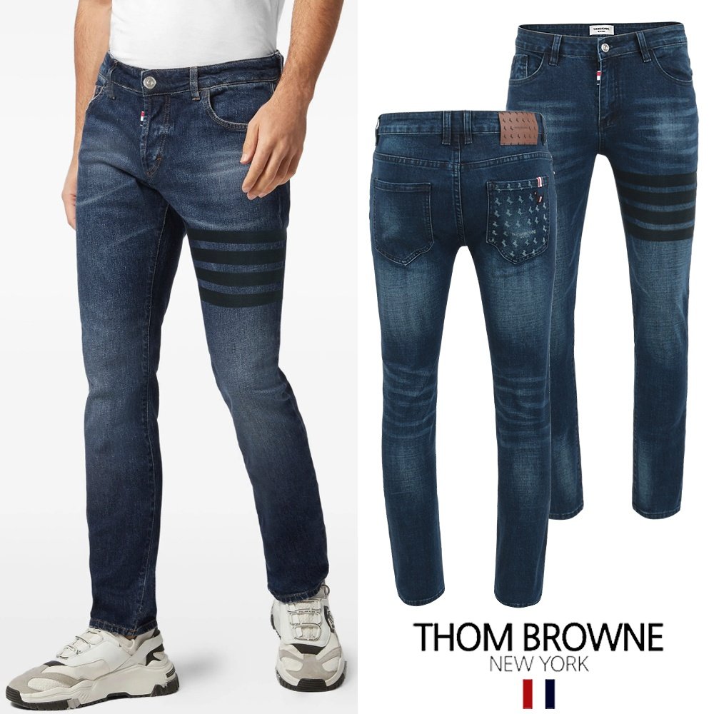 THOM BROWNE 톰브라운  블랙4바 도그 멀티그래픽 워싱 슬림진