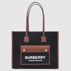 BURBERRY 버버리 투톤 캔버스 레더 스몰 토트 80576001