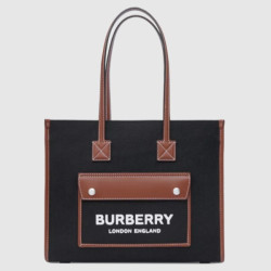 BURBERRY 버버리 투톤 캔버스 레더 스몰 토트 80576001