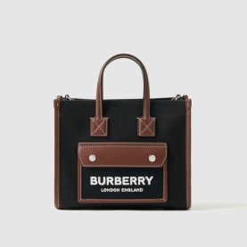 BURBERRY 버버리 투톤 캔버스 레더 미니 토트 80557491