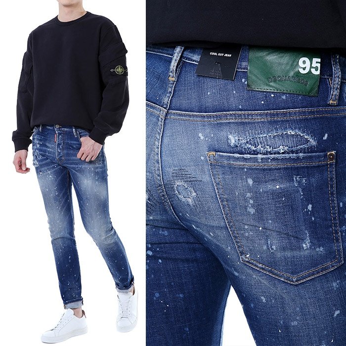 DSQUARED2 디스퀘어드2 딥그린 레더패치 페인트 스팟 슈퍼디스 덧댐 중청 워싱진