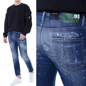 DSQUARED2 디스퀘어드2 딥그린 레더패치 페인트 스팟 슈퍼디스 덧댐 중청 워싱진