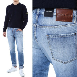DSQUARED2 디스퀘어드2 브라운로고 레더패치 연청 워싱진