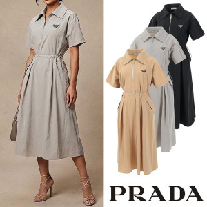 ●7월 판매 6위● PRADA 프라다 클래식 삼각 지퍼카라 셔링 원피스