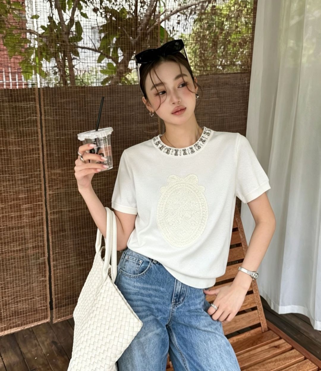 DIOR 디올 33071 메달리온 레이스 패치 쥬얼 넥 니트 반팔 4COLOR