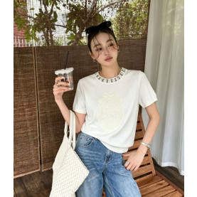 DIOR 디올 33071 메달리온 레이스 패치 쥬얼 넥 니트 반팔 4COLOR