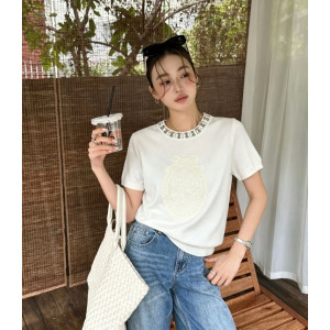 DIOR 디올 33071 메달리온 레이스 패치 쥬얼 넥 니트 반팔 4COLOR
