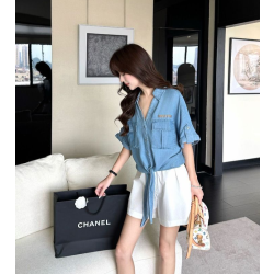 MIUMIU 미우미우 33003 자수 로고 롤업 타이 데님 반팔 셔츠