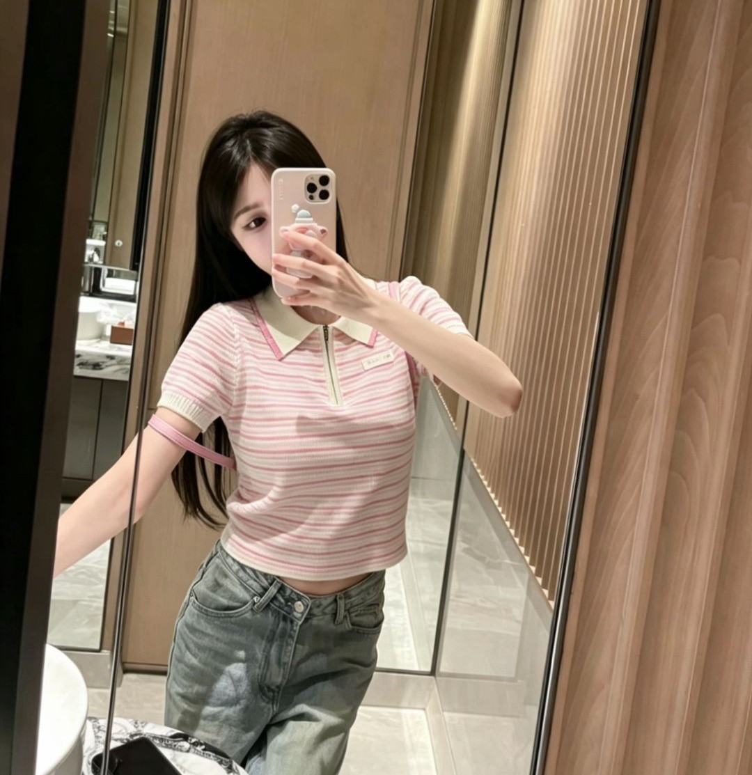 MIUMIU 미우미우 33021 스트라이프 지퍼 폴로 니트 반팔 2COLOR