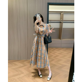 BURBERRY 버버리 33033 TB 모노그램 자수 포켓 벨티드 체크 셔츠 원피스