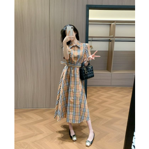 BURBERRY 버버리 33033 TB 모노그램 자수 포켓 벨티드 체크 셔츠 원피스