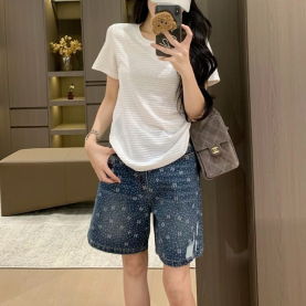 CHANEL 샤넬 33004 라인스톤 데님 쇼츠