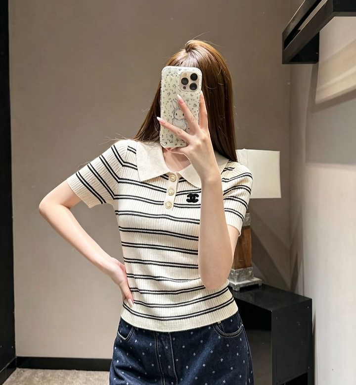 CHANEL 샤넬 33009 CC 스트라이프 카라 니트 반팔 2COLOR