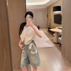 CHANEL 샤넬 33011 CC 아일렛 자수 데님 버뮤다 쇼츠