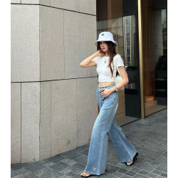 CHANEL 샤넬 33028 CC 자수 로고 와이드 데님 팬츠