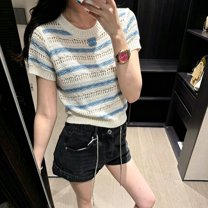 CHANEL 샤넬 33035 스트라이프 아일렛 가터 니트 반팔 2COLOR