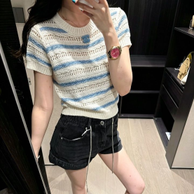 CHANEL 샤넬 33035 스트라이프 아일렛 가터 니트 반팔 2COLOR
