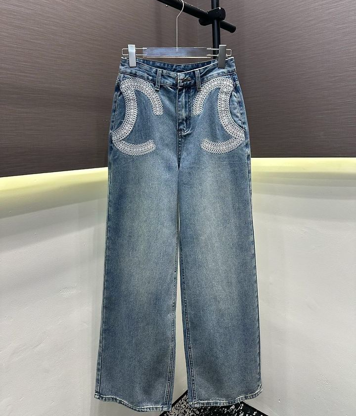 CHANEL 샤넬 33056 CC 로고 자수 와이드 데님