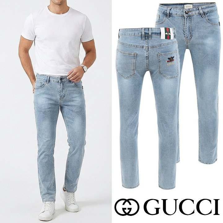 GUCCI 구찌 레터링 비 자수 연청 워싱 슬림진
