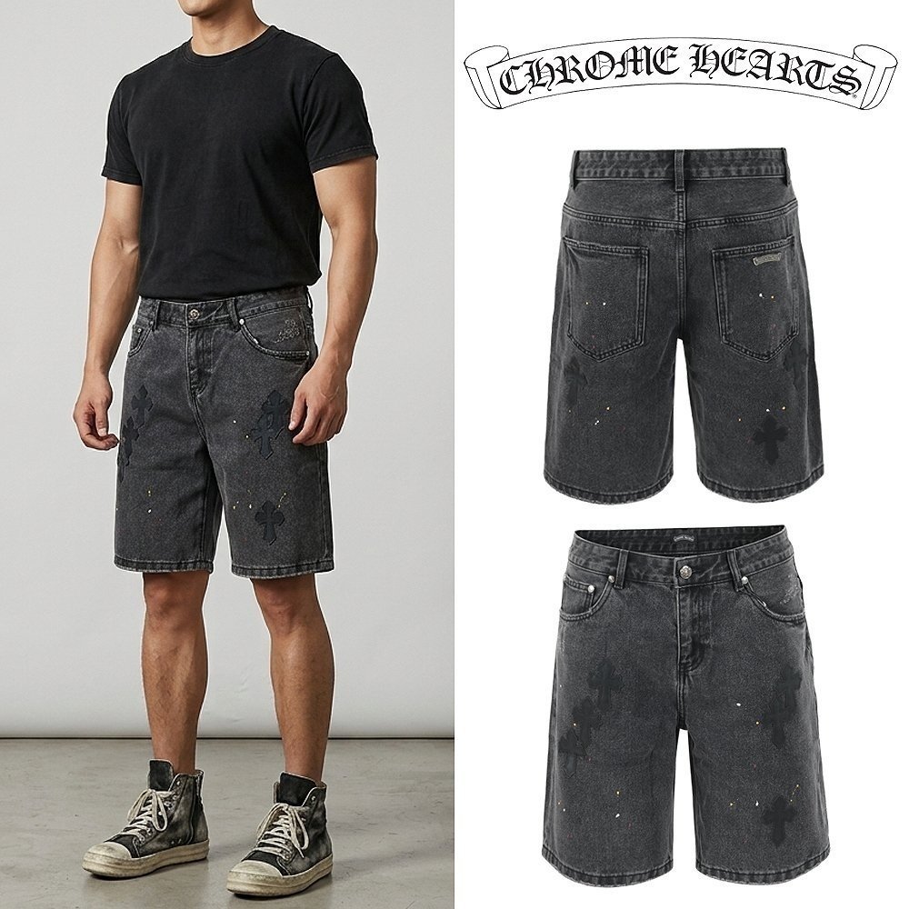 CHROME HEARTS 크롬하츠 멀티 레더 패치 흑청 데님 하프 팬츠