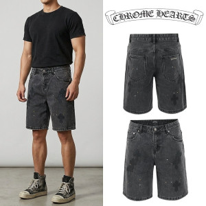 CHROME HEARTS 크롬하츠 멀티 레더 패치 흑청 데님 하프 팬츠