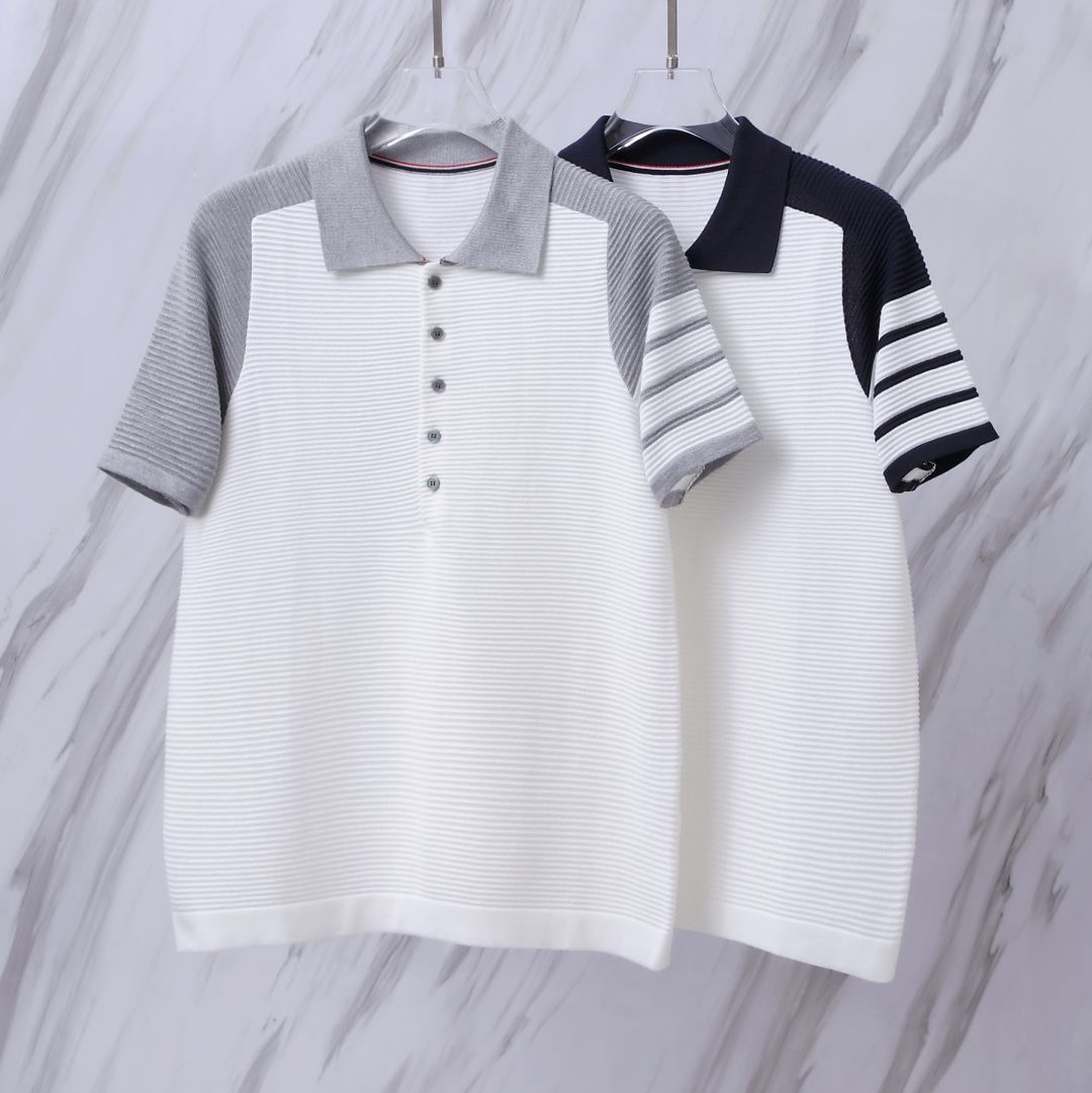 THOM BROWNE 톰브라운 025 사선 케이블 컬러 블록 폴로 니트 반팔