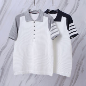 THOM BROWNE 톰브라운 025 사선 케이블 컬러 블록 폴로 니트 반팔