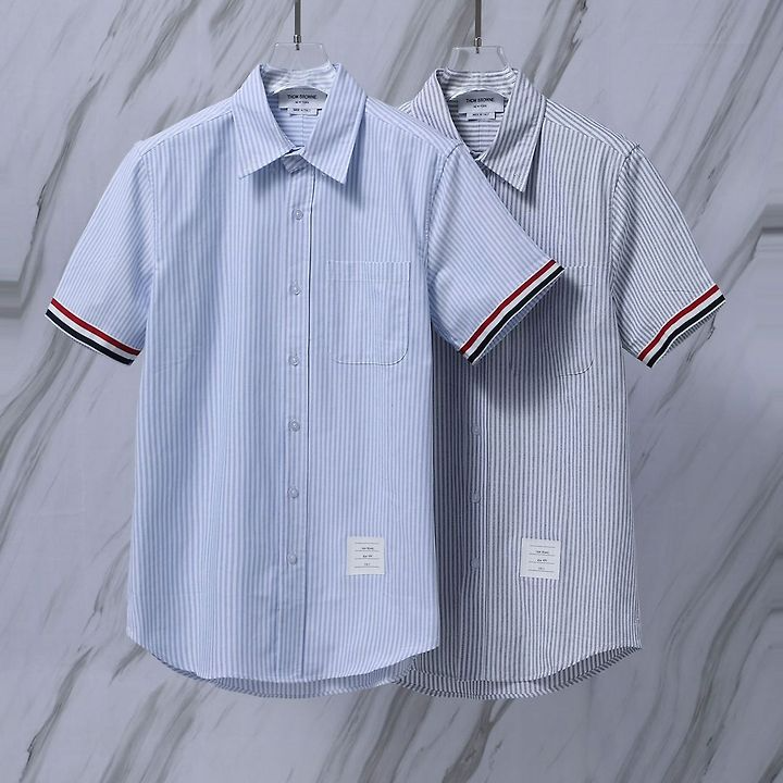 THOM BROWNE 톰브라운 082 RWB 커프스 스트라이프 옥스포드 반팔 셔츠