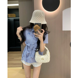 MIUMIU 미우미우 1017 더블 리본 깅엄 체크 반팔 셔츠