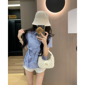 MIUMIU 미우미우 1017 더블 리본 깅엄 체크 반팔 셔츠