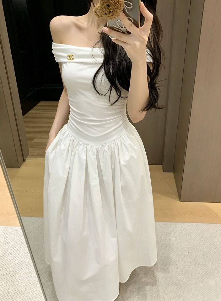 CHANEL 샤넬 1016 오프숄더 드레이프 롱 원피스 2COLOR