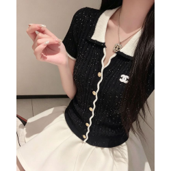 CHANEL 샤넬 1033 배색 펄 반팔 니트 가디건 2COLOR