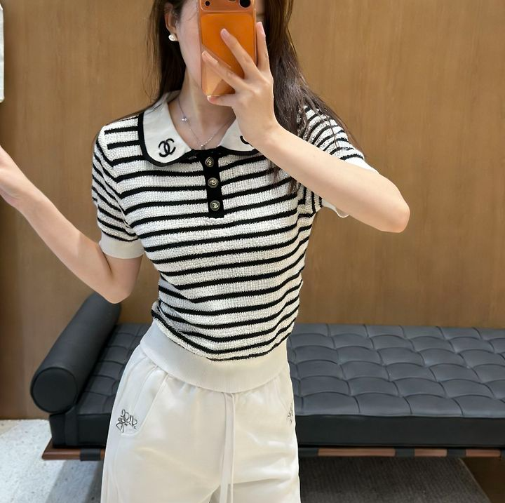 CHANEL 샤넬 1046 CC 로고 스트라이프 니트 반팔 3COLOR